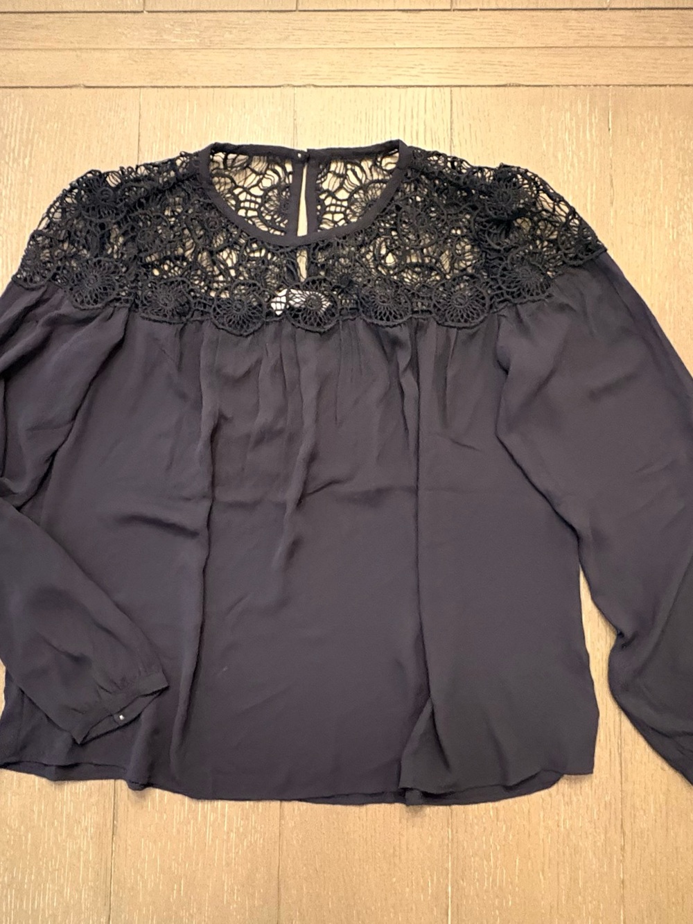 Loft Crochet Yoke Long-Sleeve Blouse - Black